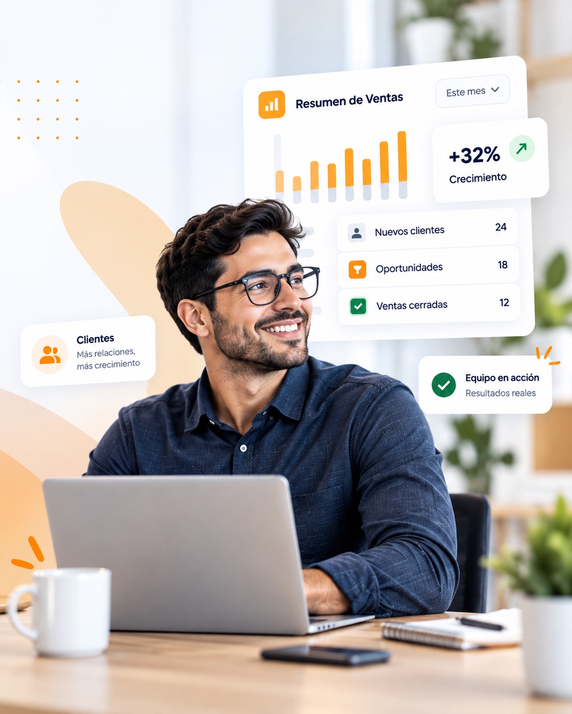 Un profesional sonriente trabaja en su portátil junto a un resumen de ventas con un crecimiento del 32 %